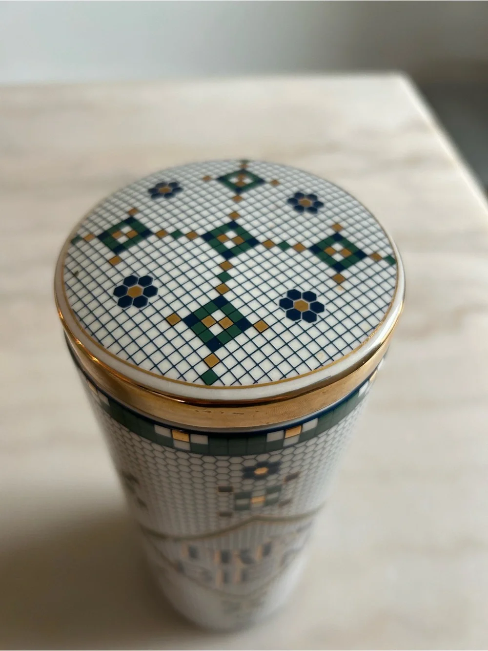 Anthropologie Mosaic 'Trés Bien' French Bistro Tile Canister Jar with Gold Lid